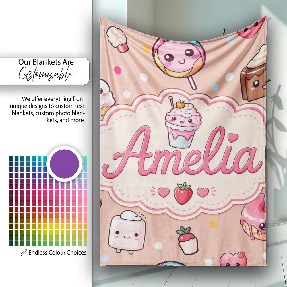 Cute Kawaii Dessert Cake Cupcake Donut Candy Sweet Treat Seamless  Personalised Custom Name Super Soft Fleece Blanket Bed Sofa Throw