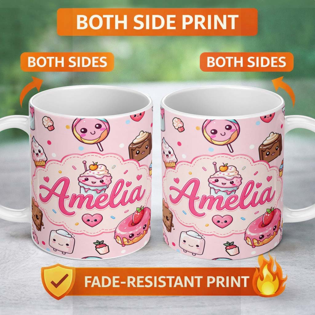 Personalized Custom Name Cute Kawaii Dessert Cake Cupcake Donut Candy Sweet Treat Seamless 11oz Ceramic Coffee Tea Mug White Large Handle
