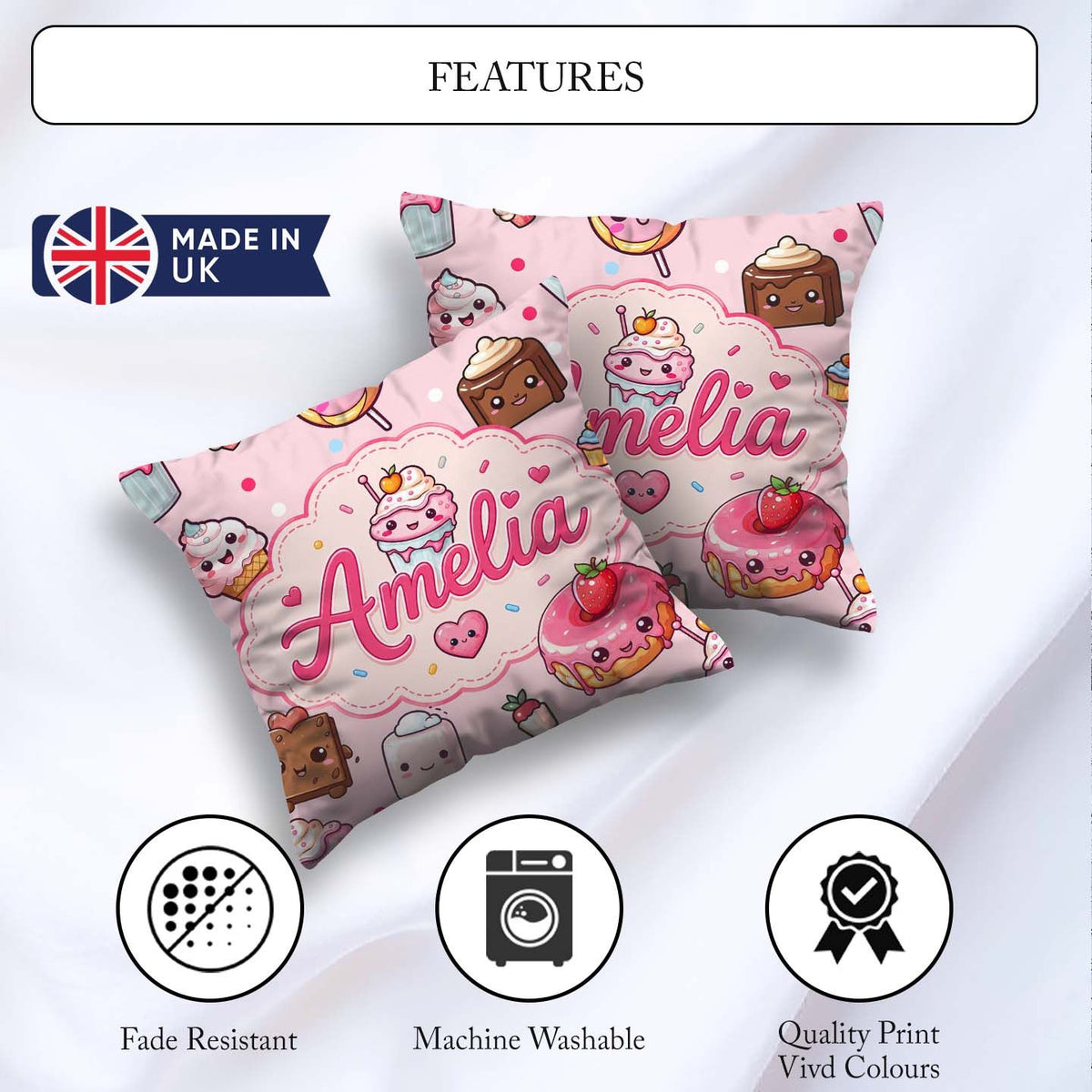Custom Name Kawaii Dessert Cake Donut Candy Sweet Treat Seamless Square Filled Cushion Throw Pillow Sofa Bed Home Decor Zip Washable UK Made