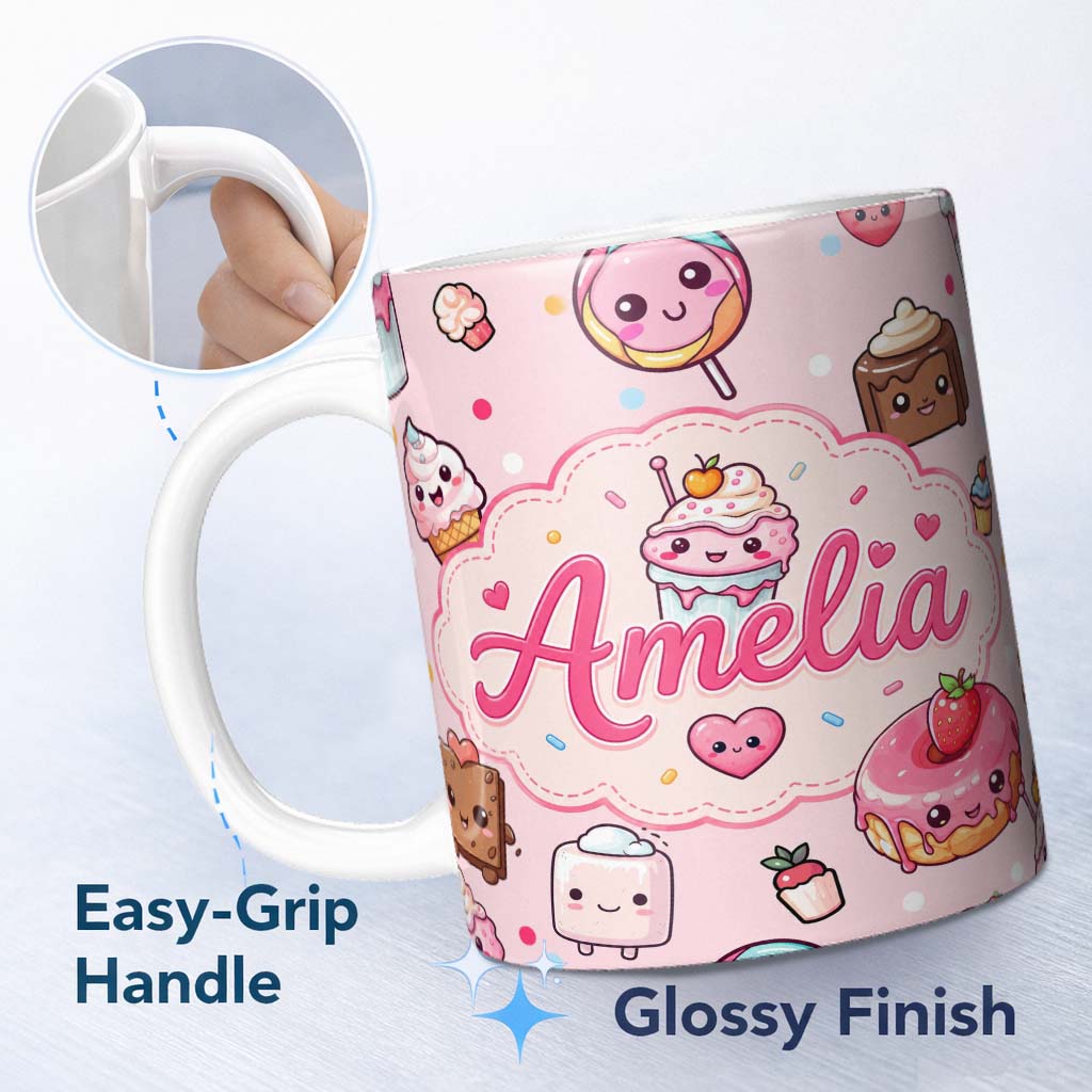 Personalized Custom Name Cute Kawaii Dessert Cake Cupcake Donut Candy Sweet Treat Seamless 11oz Ceramic Coffee Tea Mug White Large Handle