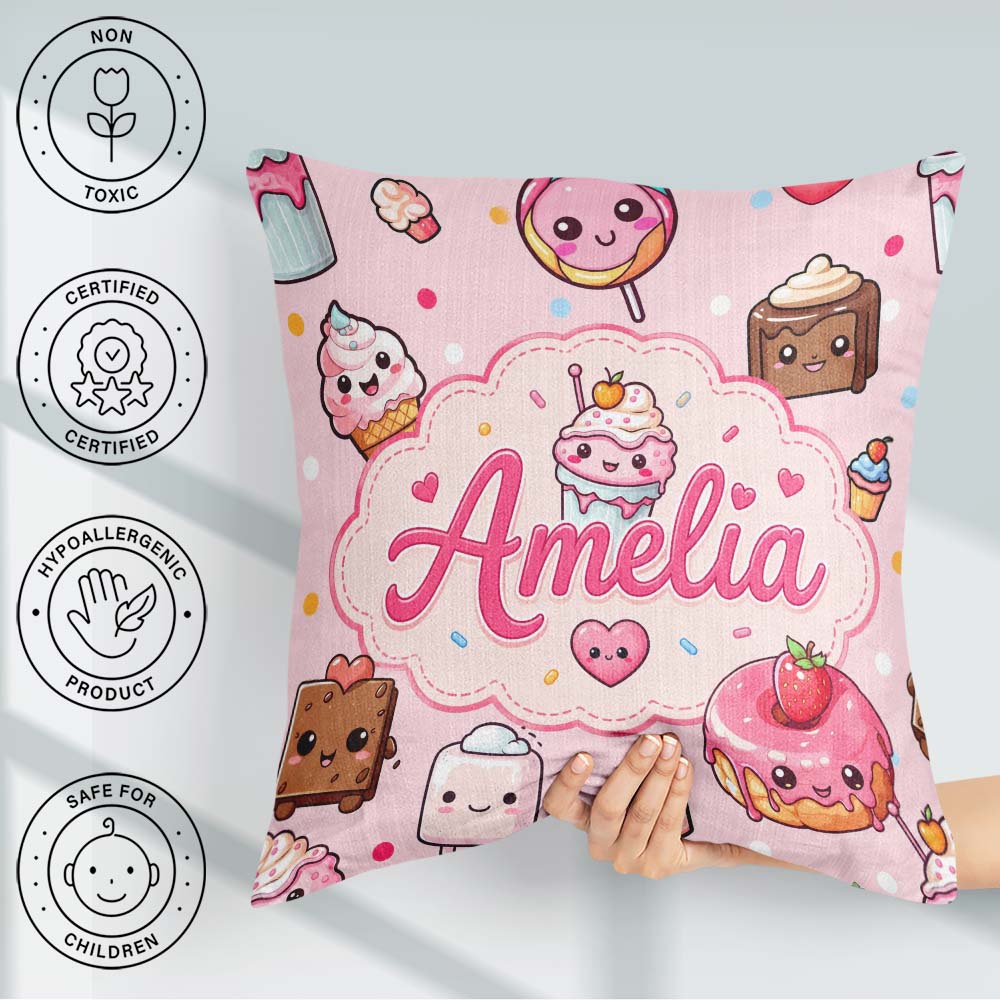 Custom Name Kawaii Dessert Cake Donut Candy Sweet Treat Seamless Square Filled Cushion Throw Pillow Sofa Bed Home Decor Zip Washable UK Made