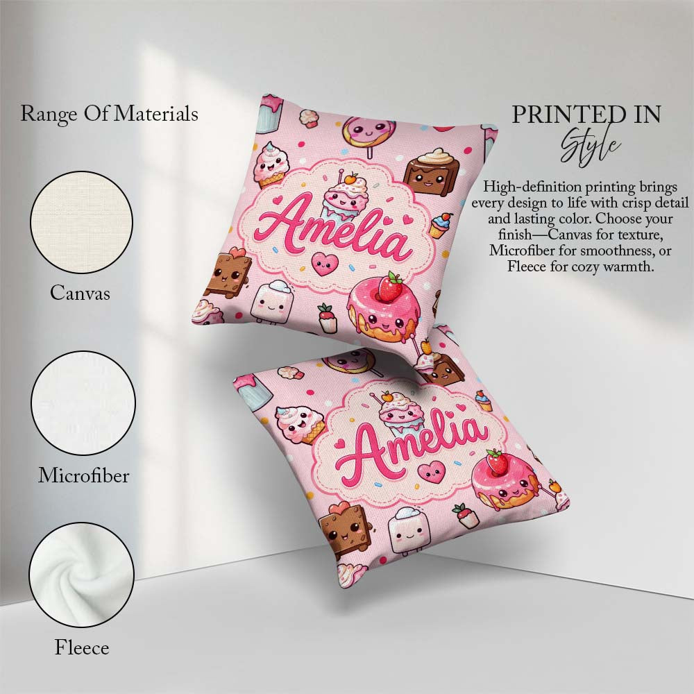 Custom Name Kawaii Dessert Cake Donut Candy Sweet Treat Seamless Square Filled Cushion Throw Pillow Sofa Bed Home Decor Zip Washable UK Made