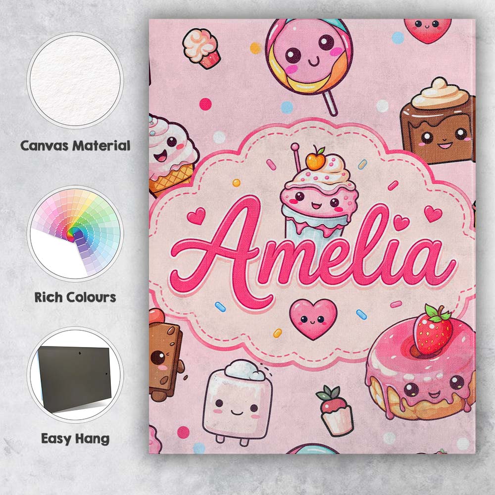 Personalised Name Cute Kawaii Dessert Cake Custom  Unique Gift Idea Elegant Feature Canvas Wall Art Print Decor Picture Ready to Hang