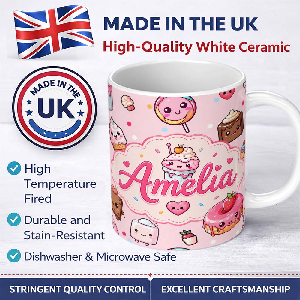 Personalized Custom Name Cute Kawaii Dessert Cake Cupcake Donut Candy Sweet Treat Seamless 11oz Ceramic Coffee Tea Mug White Large Handle