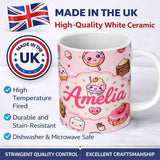 Personalized Custom Name Cute Kawaii Dessert Cake Cupcake Donut Candy Sweet Treat Seamless 11oz Ceramic Coffee Tea Mug White Large Handle