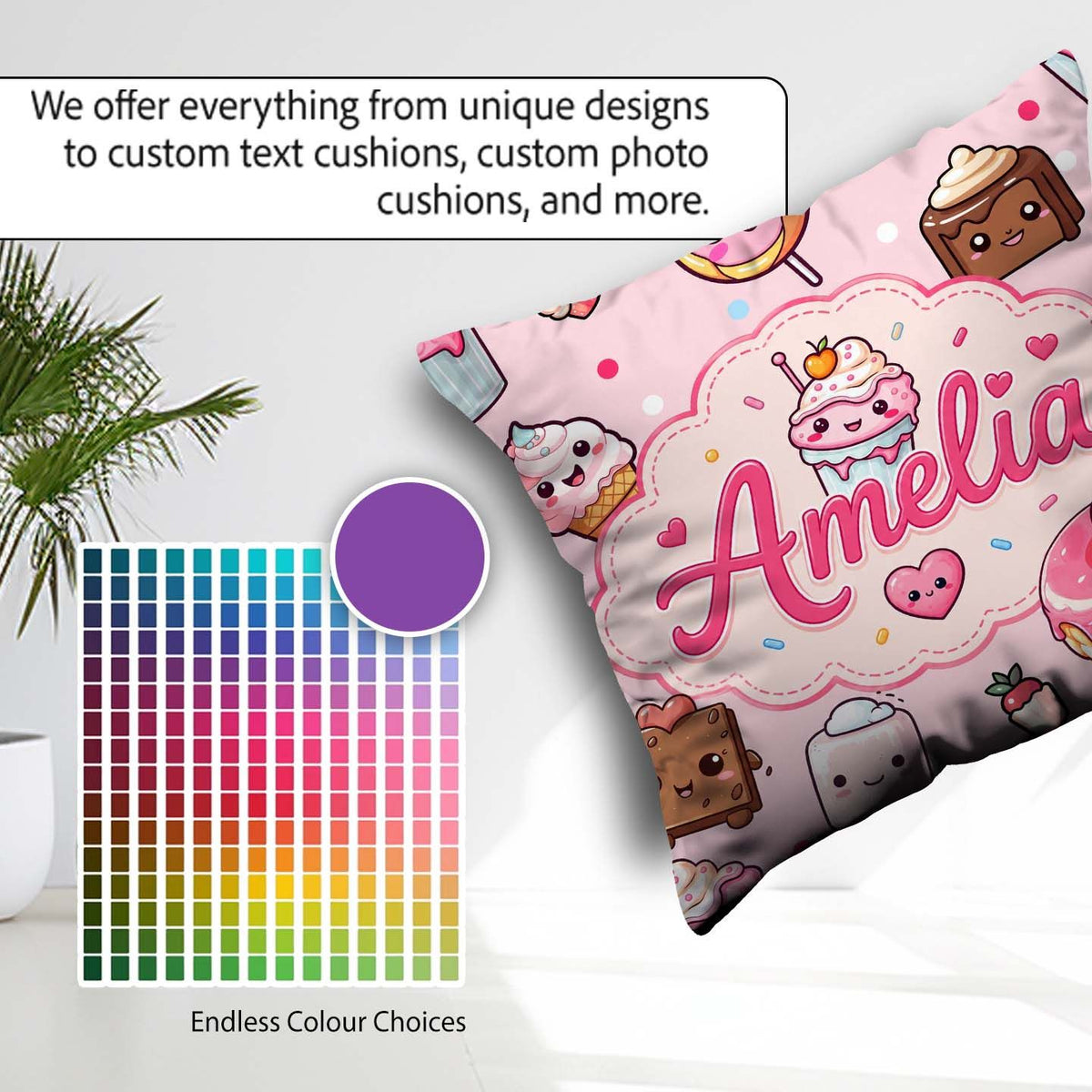 Custom Name Kawaii Dessert Cake Donut Candy Sweet Treat Seamless Square Filled Cushion Throw Pillow Sofa Bed Home Decor Zip Washable UK Made