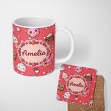 Personalized Custom Name Cute Kawaii Dessert Cake Cupcake Donut Candy Sweet Treat Seamless 11oz Ceramic Coffee Tea Mug White Large Handle
