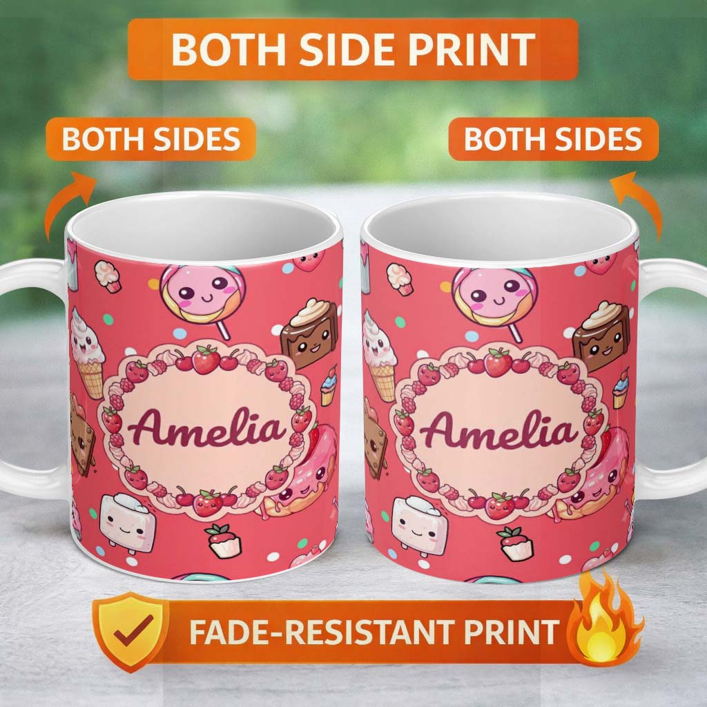 Personalized Custom Name Cute Kawaii Dessert Cake Cupcake Donut Candy Sweet Treat Seamless 11oz Ceramic Coffee Tea Mug White Large Handle