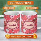 Personalized Custom Name Cute Kawaii Dessert Cake Cupcake Donut Candy Sweet Treat Seamless 11oz Ceramic Coffee Tea Mug White Large Handle