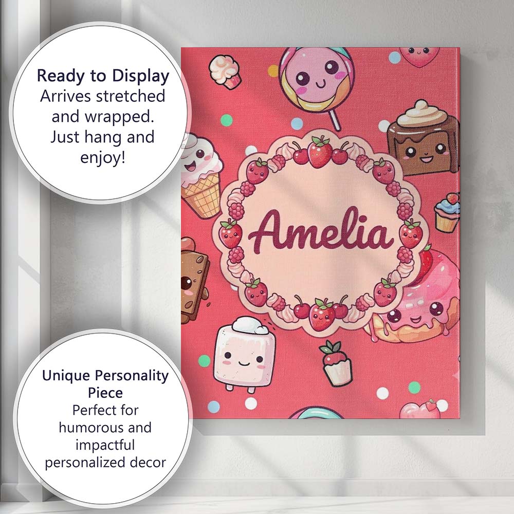 Personalised Name Cute Kawaii Dessert Cake Custom  Unique Gift Idea Elegant Feature Canvas Wall Art Print Decor Picture Ready to Hang