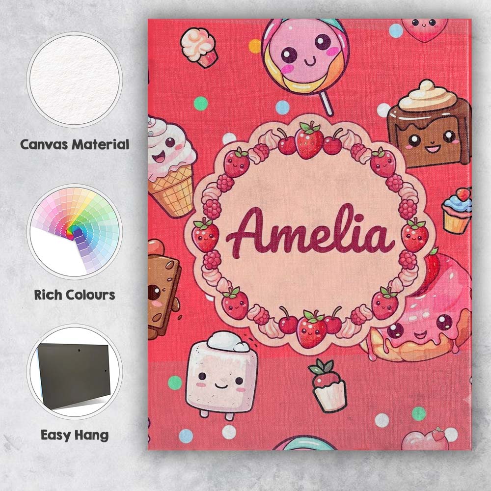 Personalised Name Cute Kawaii Dessert Cake Custom  Unique Gift Idea Elegant Feature Canvas Wall Art Print Decor Picture Ready to Hang