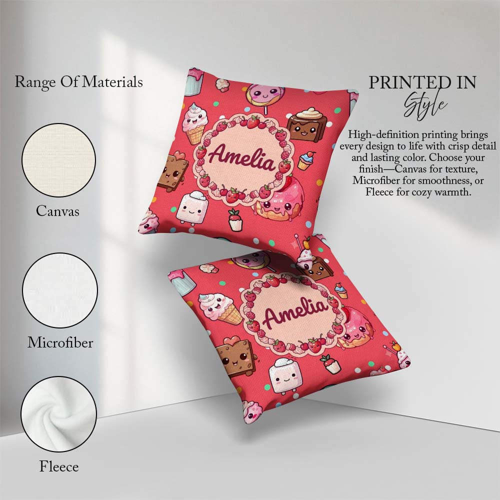 Custom Name Kawaii Dessert Cake Donut Candy Sweet Treat Seamless Square Filled Cushion Throw Pillow Sofa Bed Home Decor Zip Washable UK Made