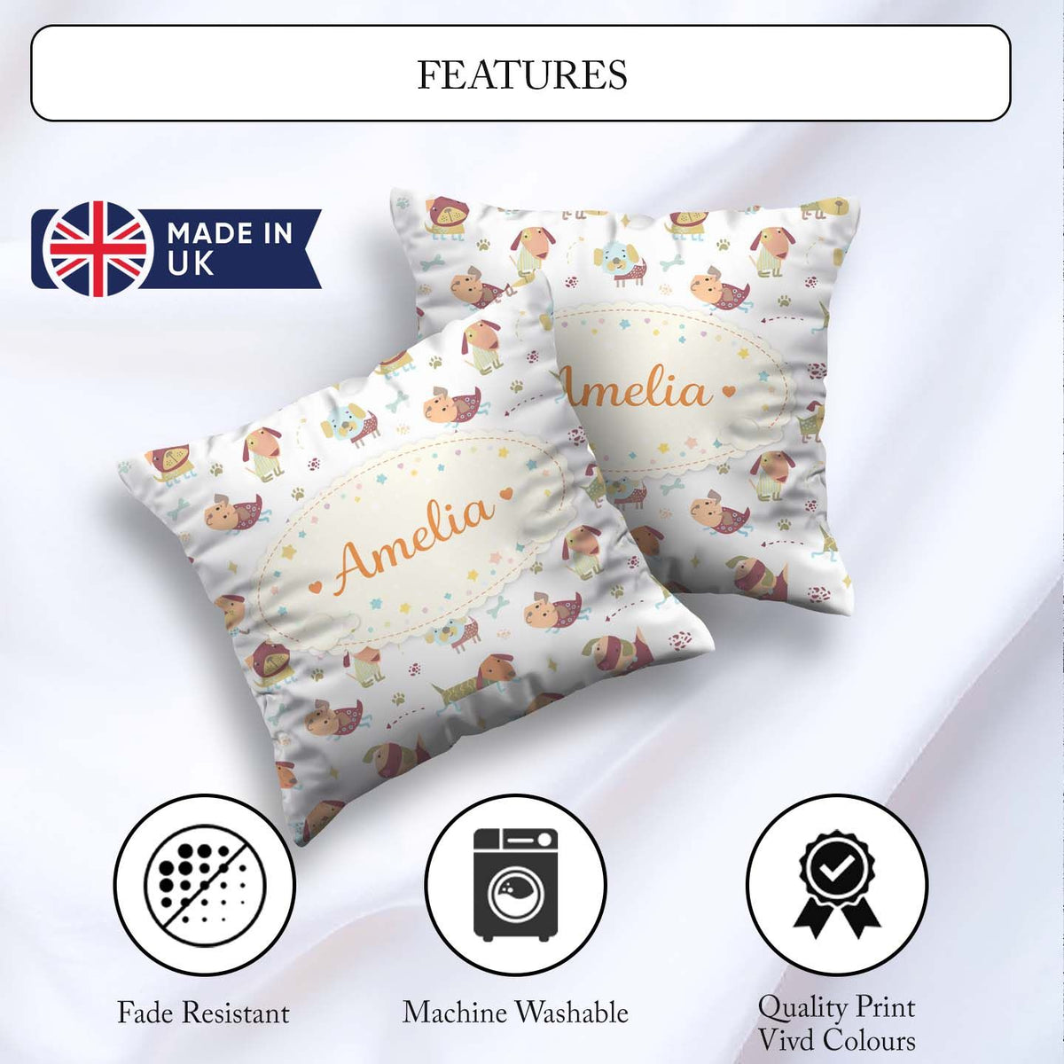 Custom Name Cute Cartoon Dogs Playful Pet Seamless Pattern for Square Filled Cushion Throw Pillow Sofa Bed Home Decor Zip Washable UK Made