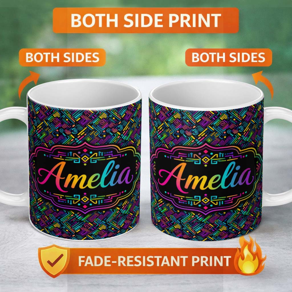Personalized Custom Name Modern Neon Circuit Board Geometric Seamless Pattern Lovely 11oz Ceramic Coffee Tea Mug White Large Handle