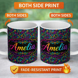 Personalized Custom Name Modern Neon Circuit Board Geometric Seamless Pattern Lovely 11oz Ceramic Coffee Tea Mug White Large Handle