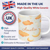 Personalized Custom Name Orange Clouds Moon Stars Seamless Pattern Cute Unique Gift Lovely 11oz Ceramic Coffee Tea Mug White Large Handle