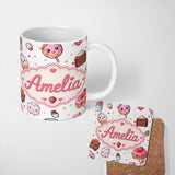 Personalized Custom Name Cute Kawaii Dessert Cake Cupcake Donut Candy Sweet Treat Seamless 11oz Ceramic Coffee Tea Mug White Large Handle