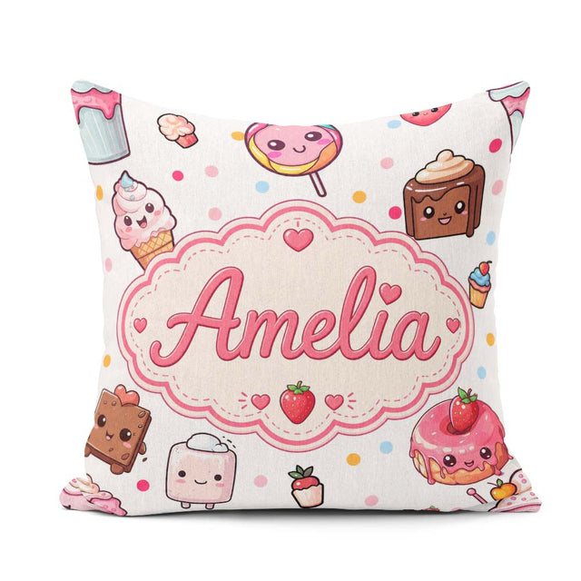 Custom Name Kawaii Dessert Cake Donut Candy Sweet Treat Seamless Square Filled Cushion Throw Pillow Sofa Bed Home Decor Zip Washable UK Made
