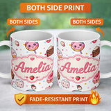 Personalized Custom Name Cute Kawaii Dessert Cake Cupcake Donut Candy Sweet Treat Seamless 11oz Ceramic Coffee Tea Mug White Large Handle