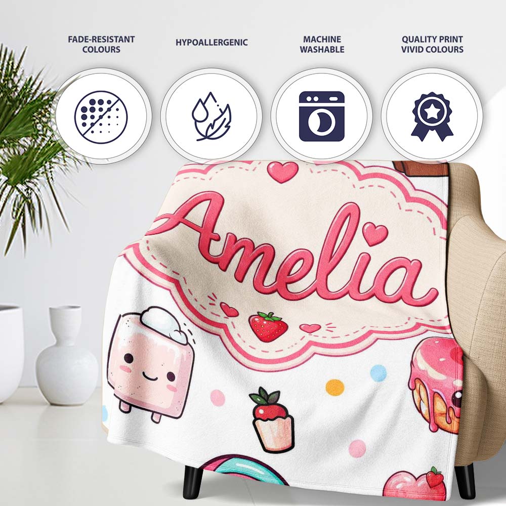 Cute Kawaii Dessert Cake Cupcake Donut Candy Sweet Treat Seamless  Personalised Custom Name Super Soft Fleece Blanket Bed Sofa Throw