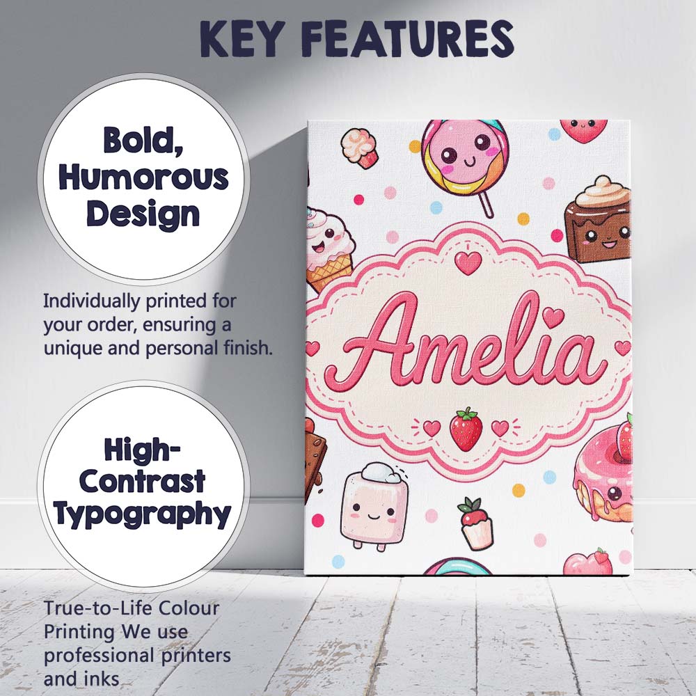 Personalised Name Cute Kawaii Dessert Cake Custom  Unique Gift Idea Elegant Feature Canvas Wall Art Print Decor Picture Ready to Hang