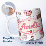 Personalized Custom Name Cute Kawaii Dessert Cake Cupcake Donut Candy Sweet Treat Seamless 11oz Ceramic Coffee Tea Mug White Large Handle