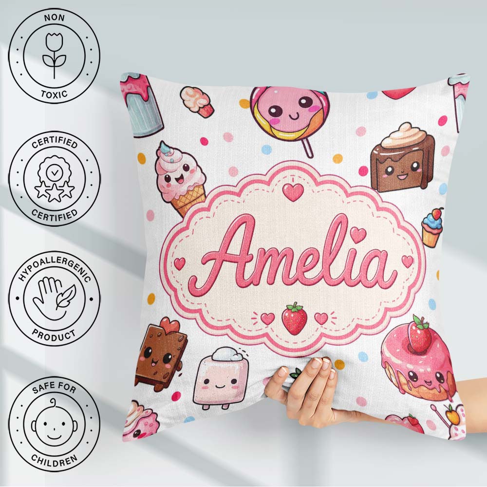 Custom Name Kawaii Dessert Cake Donut Candy Sweet Treat Seamless Square Filled Cushion Throw Pillow Sofa Bed Home Decor Zip Washable UK Made