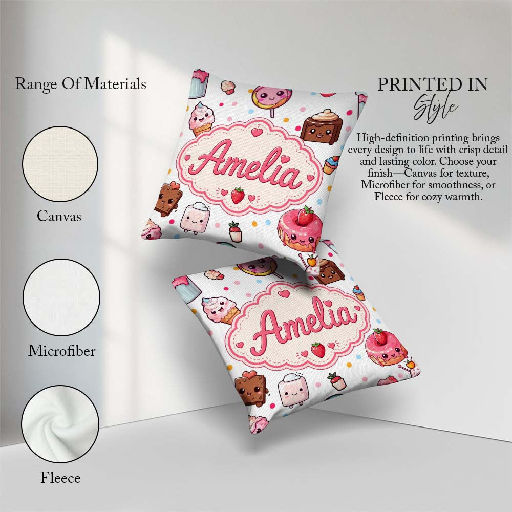 Custom Name Kawaii Dessert Cake Donut Candy Sweet Treat Seamless Square Filled Cushion Throw Pillow Sofa Bed Home Decor Zip Washable UK Made