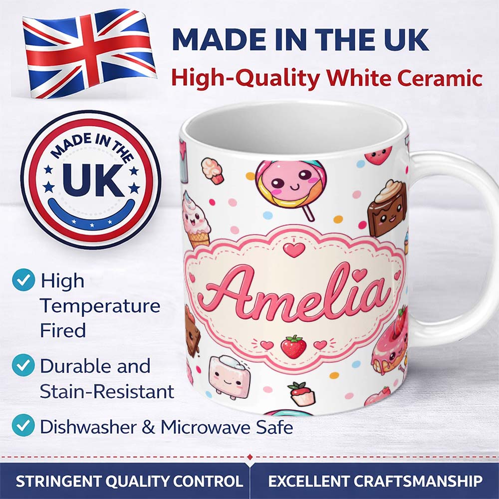 Personalized Custom Name Cute Kawaii Dessert Cake Cupcake Donut Candy Sweet Treat Seamless 11oz Ceramic Coffee Tea Mug White Large Handle