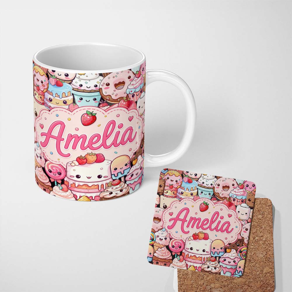Personalized Custom Name Cute Kawaii Dessert Cake Cupcake Donut Candy Sweet Treat Collage 11oz Ceramic Coffee Tea Mug White Large Handle