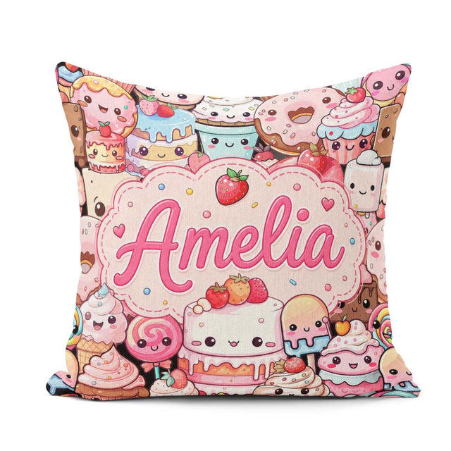 Custom Name Dessert Cake Cupcake Donut Candy Sweet Treat Collage Square Filled Cushion Throw Pillow Sofa Bed Home Decor Zip Washable UK Made