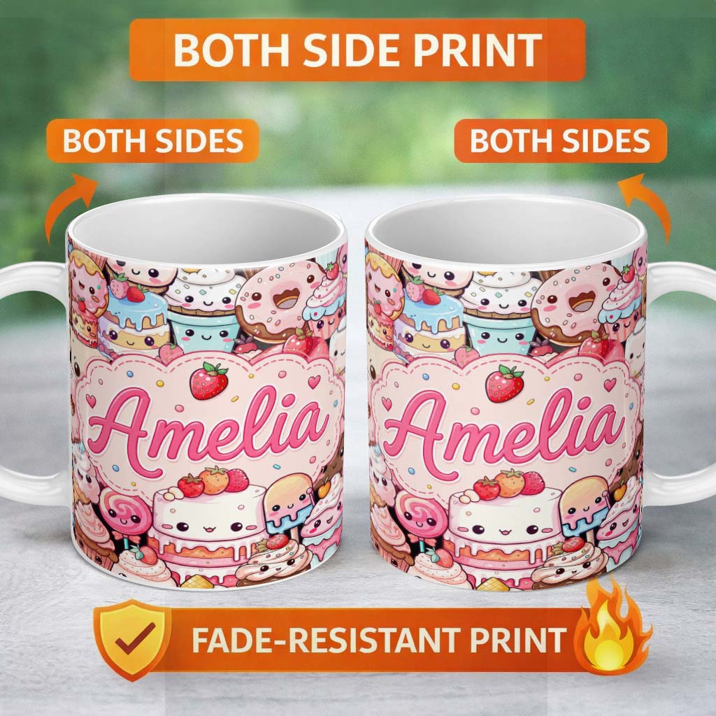Personalized Custom Name Cute Kawaii Dessert Cake Cupcake Donut Candy Sweet Treat Collage 11oz Ceramic Coffee Tea Mug White Large Handle