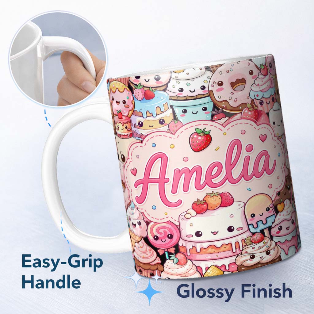 Personalized Custom Name Cute Kawaii Dessert Cake Cupcake Donut Candy Sweet Treat Collage 11oz Ceramic Coffee Tea Mug White Large Handle