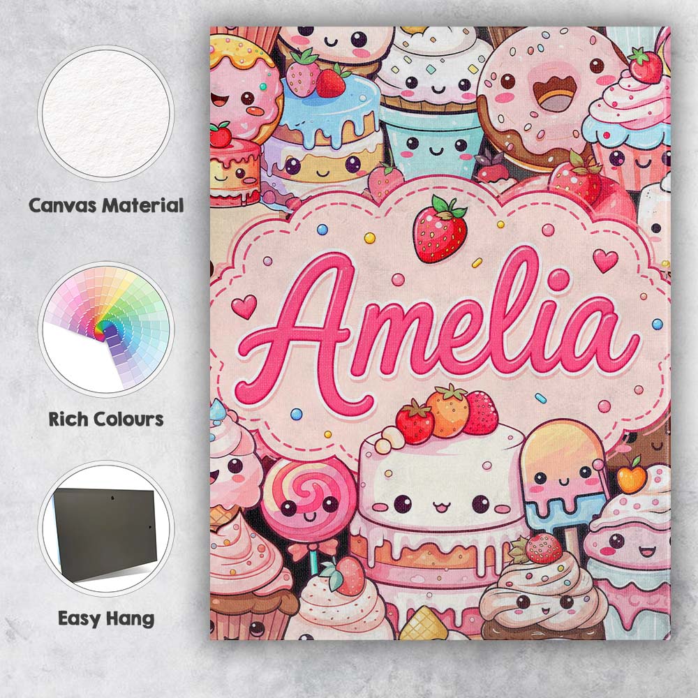 Personalised Name Cute Kawaii Dessert Cake Custom  Unique Gift Idea Elegant Feature Canvas Wall Art Print Decor Picture Ready to Hang