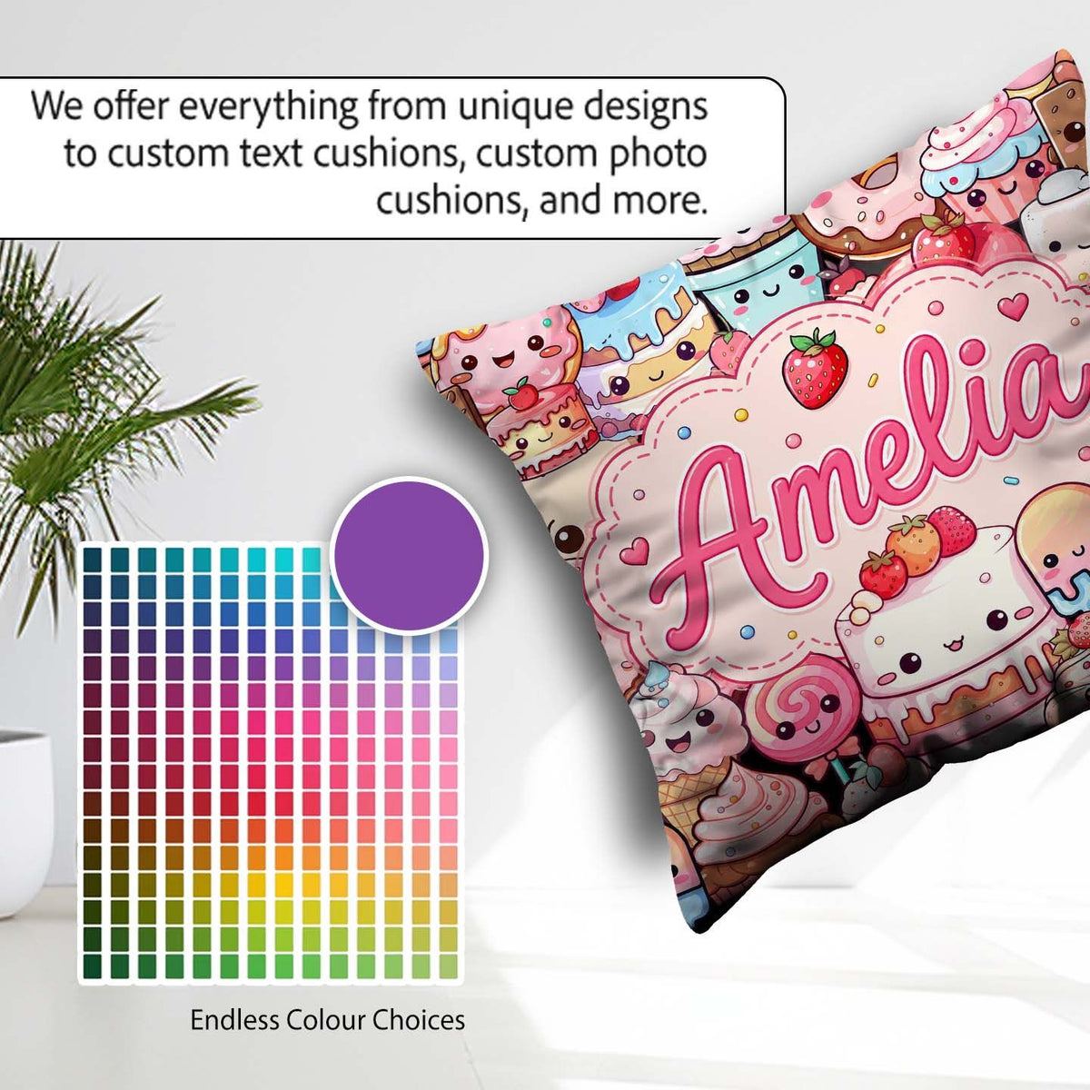 Custom Name Dessert Cake Cupcake Donut Candy Sweet Treat Collage Square Filled Cushion Throw Pillow Sofa Bed Home Decor Zip Washable UK Made