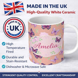 Personalized Custom Name Pink Purple Butterfly Floral Yellow Background Seamless Pattern 11oz Ceramic Coffee Tea Mug White Large Handle