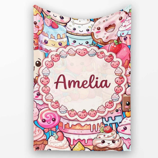 Cute Kawaii Dessert Cake Cupcake Donut Candy Sweet Treat Collage  Personalised Custom Name Super Soft Fleece Blanket Bed Sofa Throw