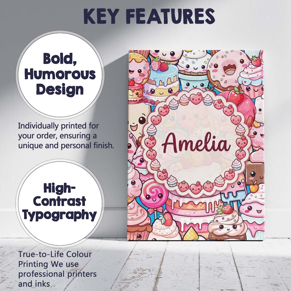 Personalised Name Cute Kawaii Dessert Cake Custom  Unique Gift Idea Elegant Feature Canvas Wall Art Print Decor Picture Ready to Hang