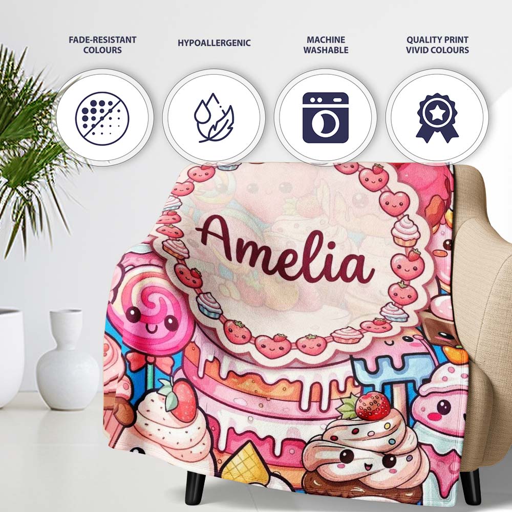 Cute Kawaii Dessert Cake Cupcake Donut Candy Sweet Treat Collage  Personalised Custom Name Super Soft Fleece Blanket Bed Sofa Throw