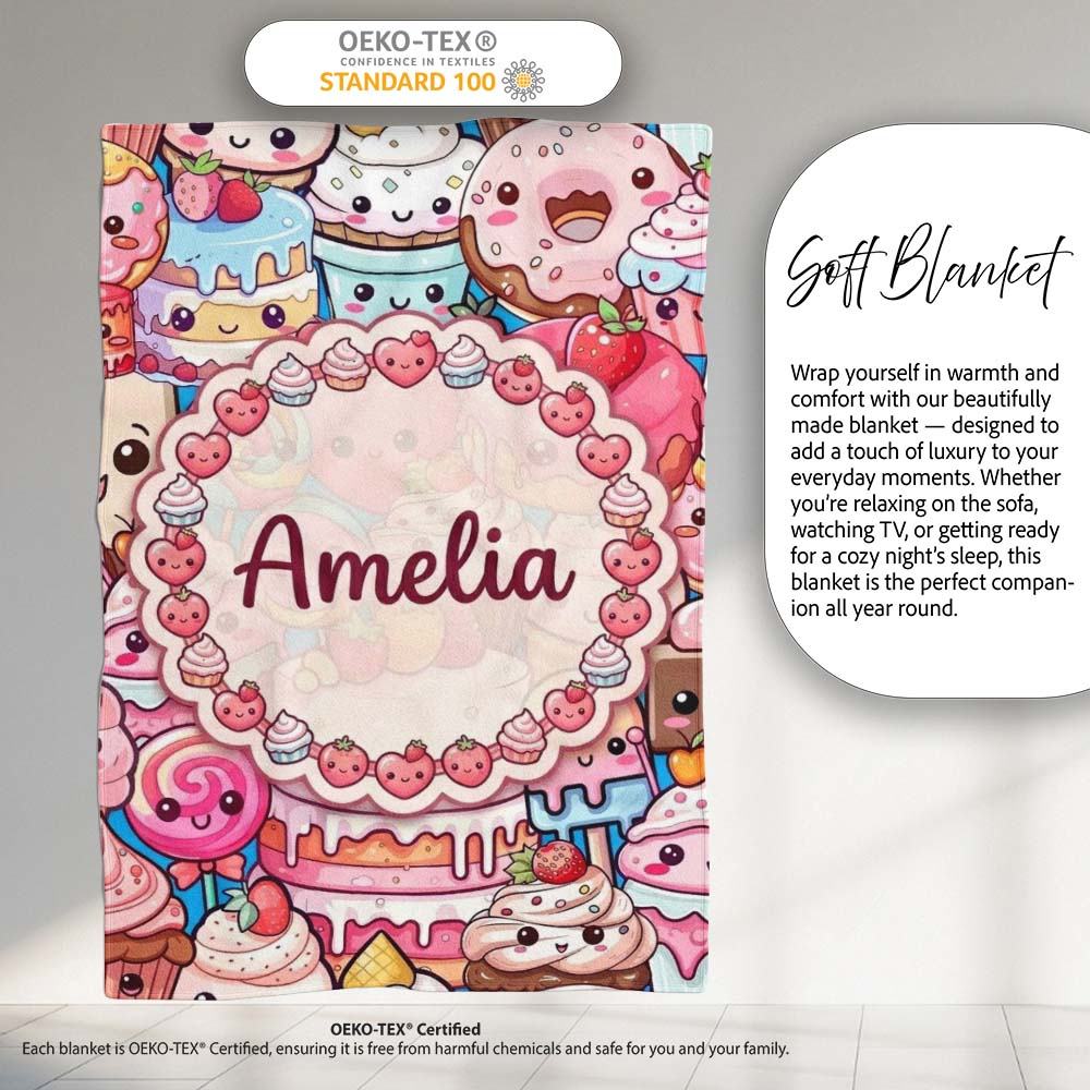 Cute Kawaii Dessert Cake Cupcake Donut Candy Sweet Treat Collage  Personalised Custom Name Super Soft Fleece Blanket Bed Sofa Throw