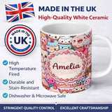 Personalized Custom Name Cute Kawaii Dessert Cake Cupcake Donut Candy Sweet Treat Collage 11oz Ceramic Coffee Tea Mug White Large Handle