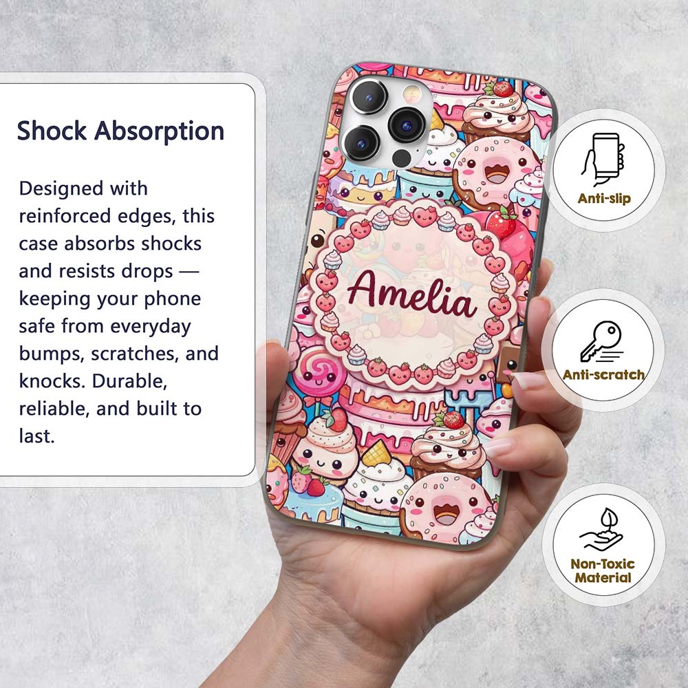 Cute Kawaii Dessert Cake Cupcake Donut Candy Custom Name Protective Phone Case Mobile Cover Durable Everyday Smartphone Shock Resistant