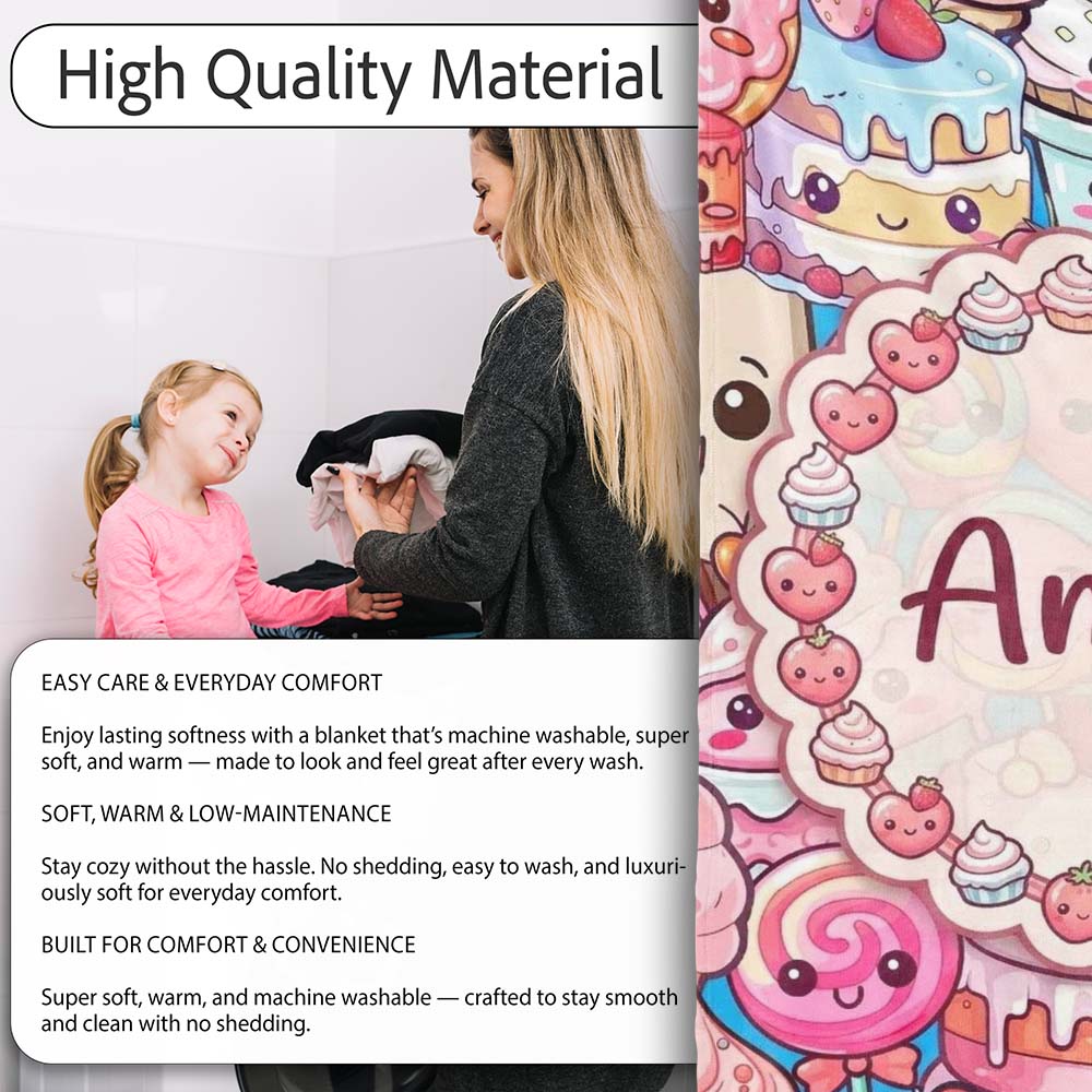 Cute Kawaii Dessert Cake Cupcake Donut Candy Sweet Treat Collage  Personalised Custom Name Super Soft Fleece Blanket Bed Sofa Throw