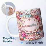 Personalized Custom Name Cute Kawaii Dessert Cake Cupcake Donut Candy Sweet Treat Collage 11oz Ceramic Coffee Tea Mug White Large Handle