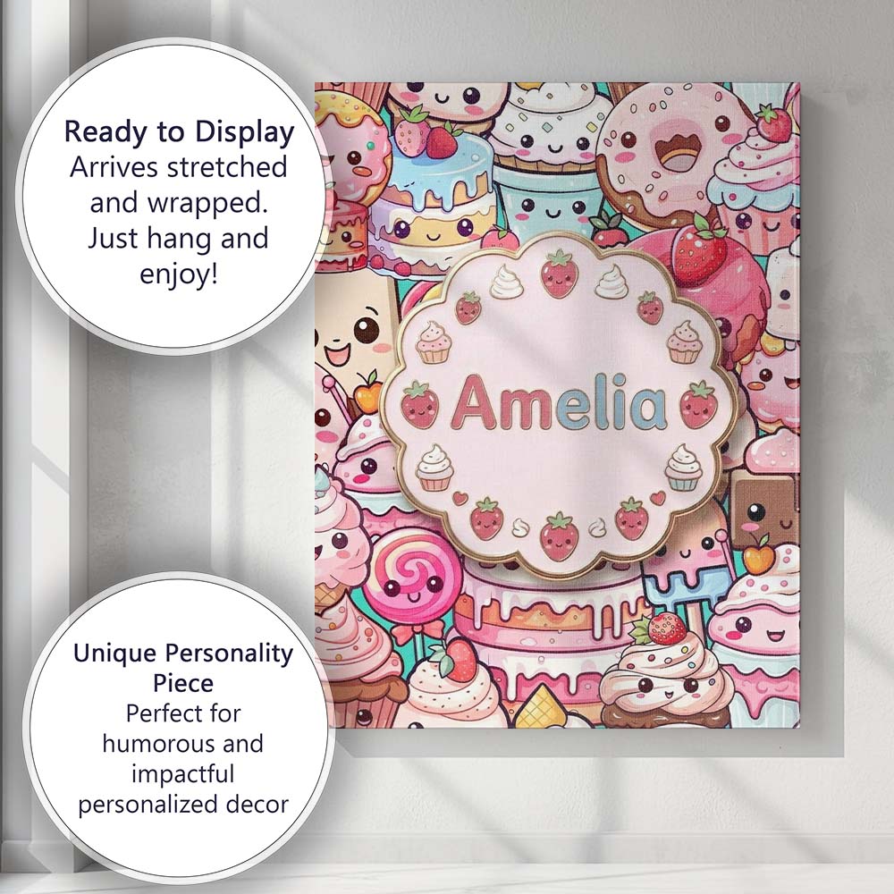 Personalised Name Cute Kawaii Dessert Cake Custom  Unique Gift Idea Elegant Feature Canvas Wall Art Print Decor Picture Ready to Hang