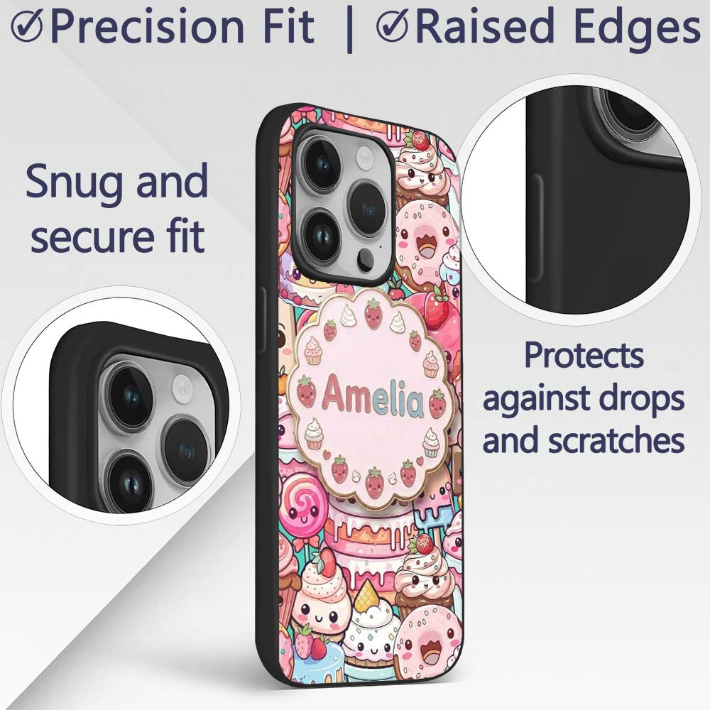 Cute Kawaii Dessert Cake Cupcake Donut Candy Custom Name Protective Phone Case Mobile Cover Durable Everyday Smartphone Shock Resistant