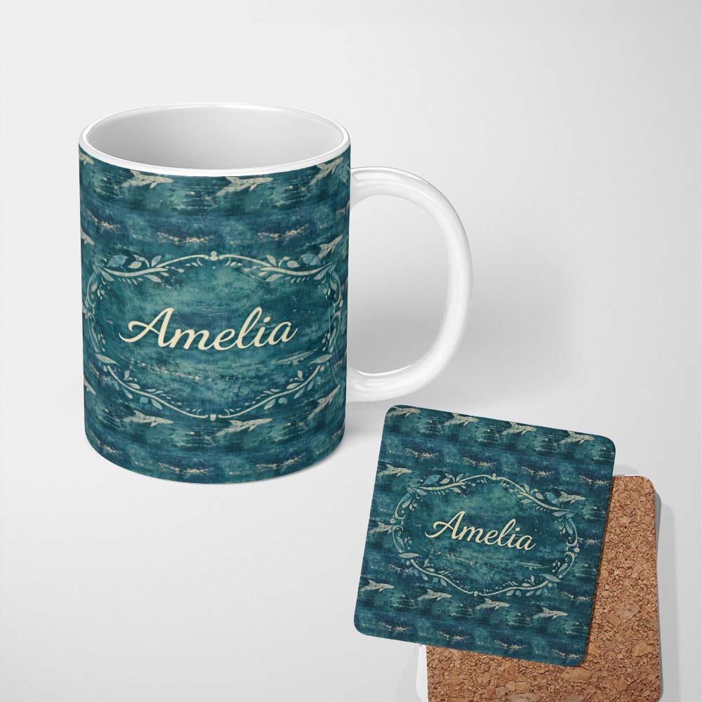 Personalized Custom Name Dark Ocean Whale Seamless Pattern Deep Sea Marine Animal Design 11oz Ceramic Coffee Tea Mug White Large Handle
