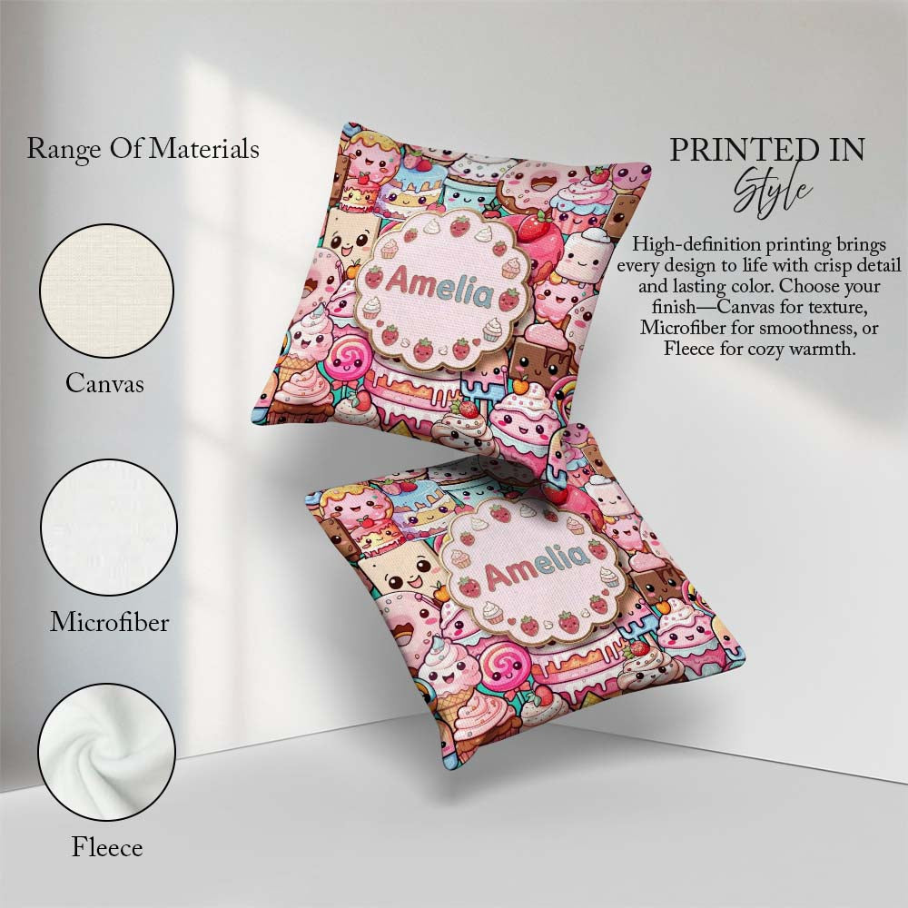 Custom Name Dessert Cake Cupcake Donut Candy Sweet Treat Collage Square Filled Cushion Throw Pillow Sofa Bed Home Decor Zip Washable UK Made