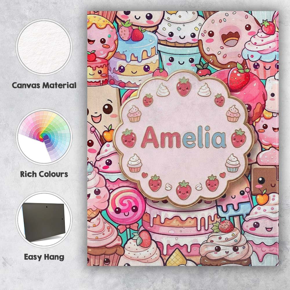 Personalised Name Cute Kawaii Dessert Cake Custom  Unique Gift Idea Elegant Feature Canvas Wall Art Print Decor Picture Ready to Hang