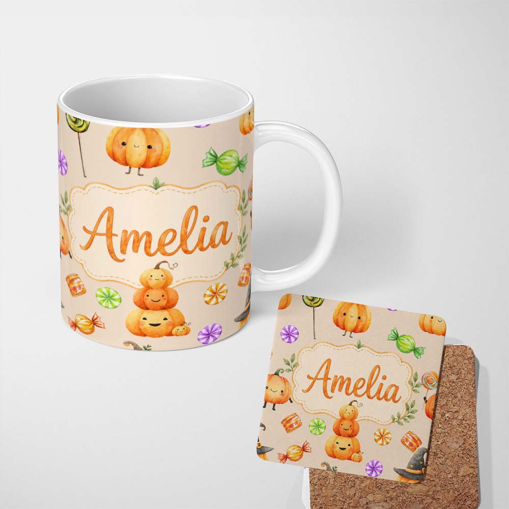 Personalized Custom Name Cute Watercolor Pumpkins and Candy Sweets on Soft Lilac Background 11oz Ceramic Coffee Tea Mug White Large Handle